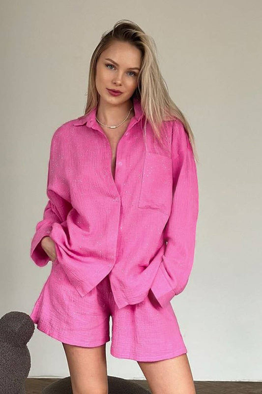 CWSPJ0383_COTTON LONG SLEEVE SHORTS RHINESTONE PAJAMA SET