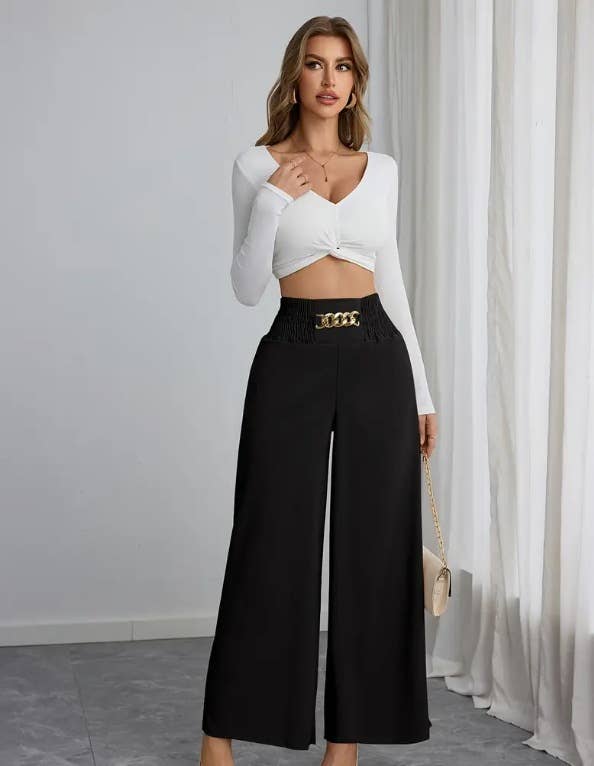 COMMUTER SOLID CHAIN SPANKING WIDE-LEG PANTS