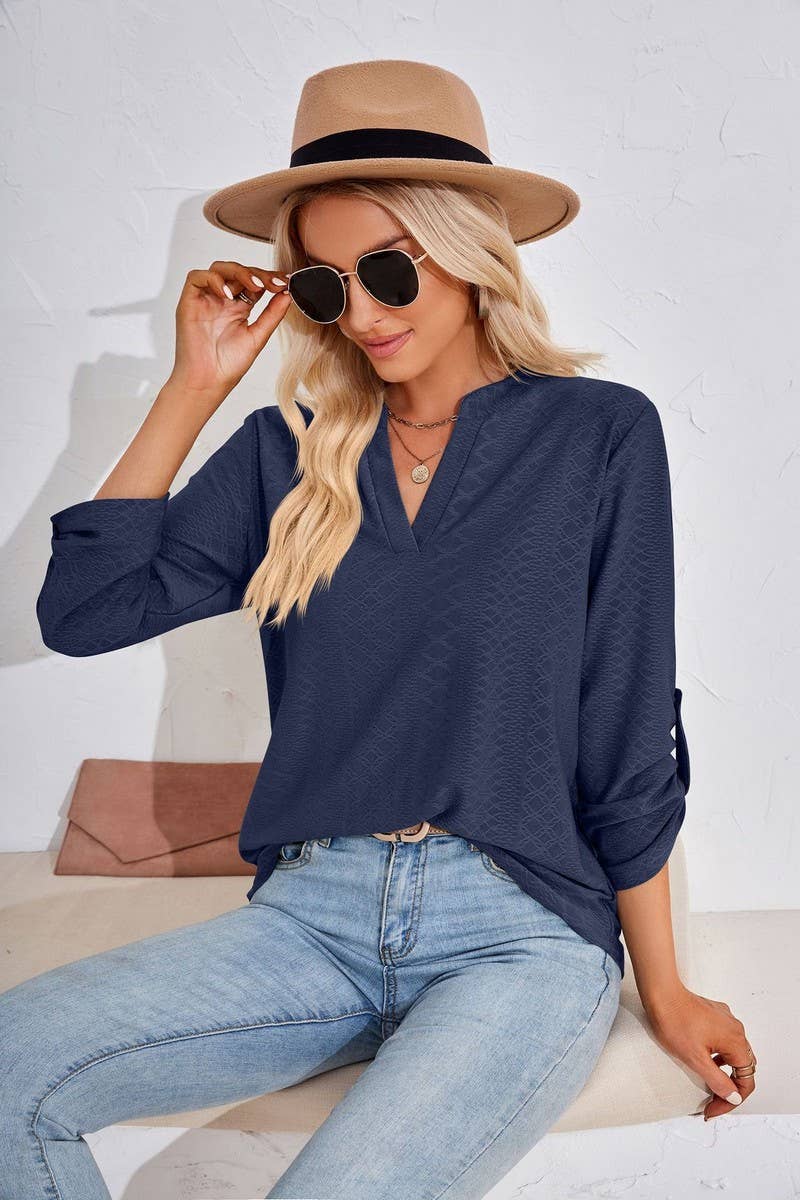 CWTBLL2375_SOLID COLOR V-NECK THREE-QUARTER SLEEVE TOP