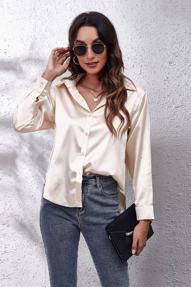CWTBLL0691_Button Down Silky Satin Long Sleeve Top