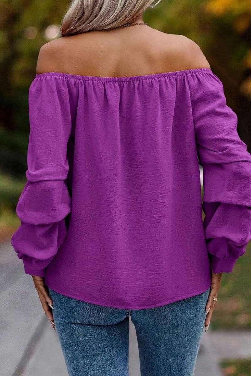 CWTBLL4006_SOLID OFF SHOULDER KNOT SLEEVE LONG SLEEVE SHIRT