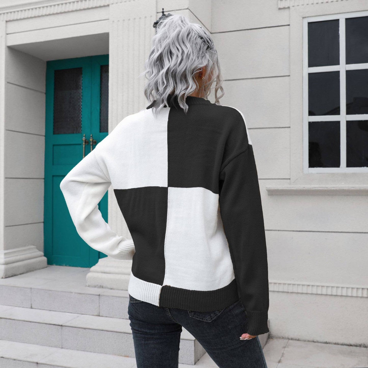 DESIGN SENSE CHECKERED LONG-SLEEVED SWEATER