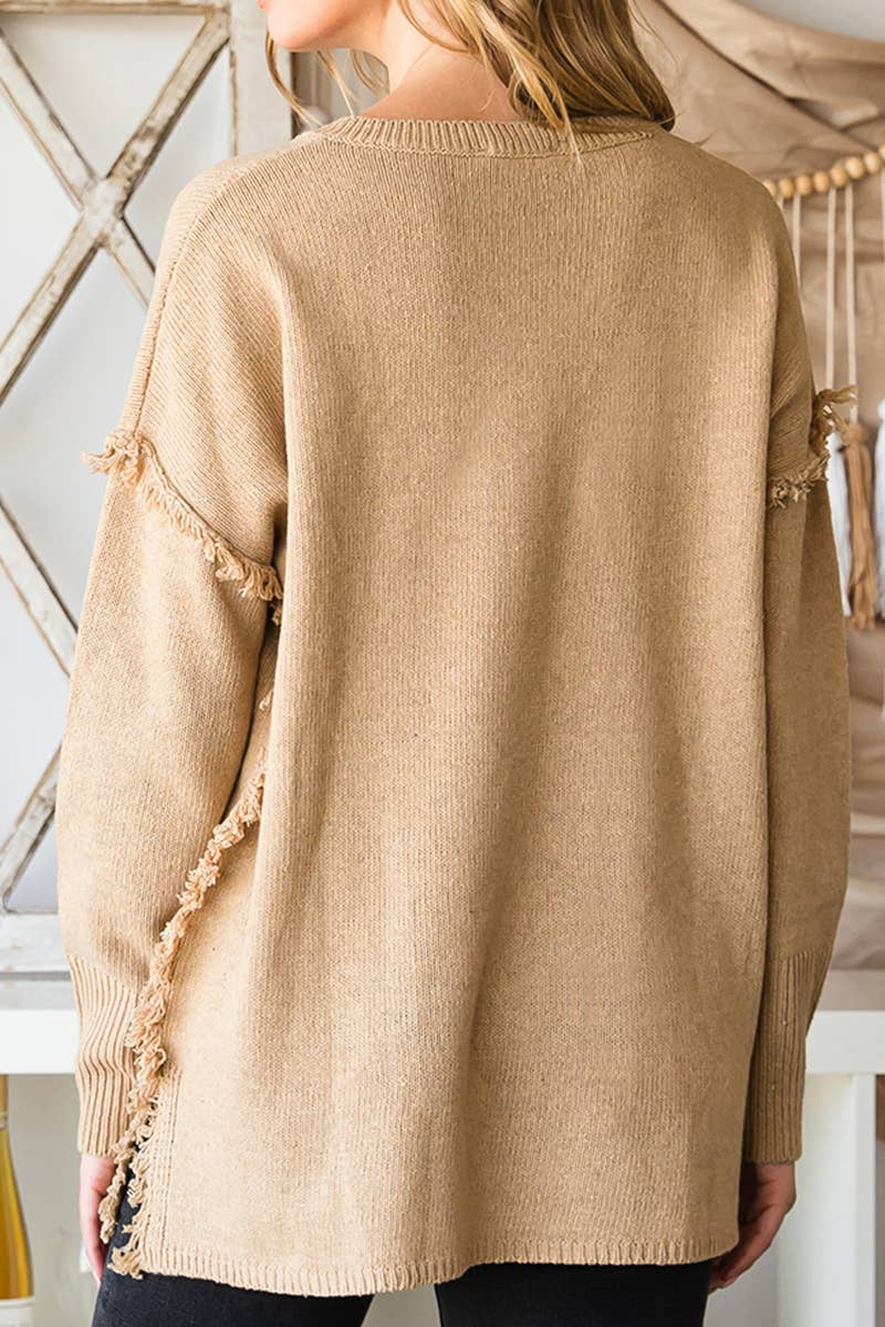 CWOSWL646_BUTTON DOWN FRINGE SHOULDER SWEATER KNIT TOP