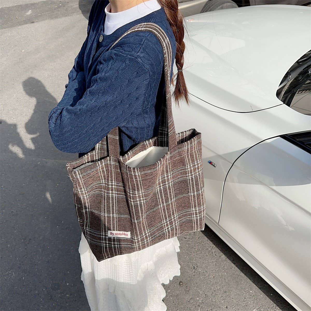 CWAB3897_LARGE CAPACITY VINTAGE PLAID TOTE SHOULDER BAG