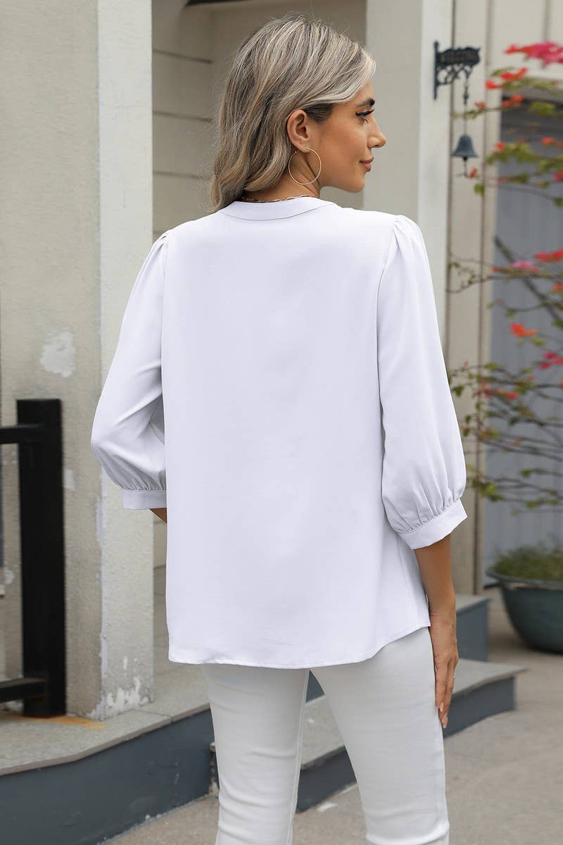 CWTBLL3673_KEYHOLE V NECK 3/4 SLEEVE LOOSE CHIFFON TOP