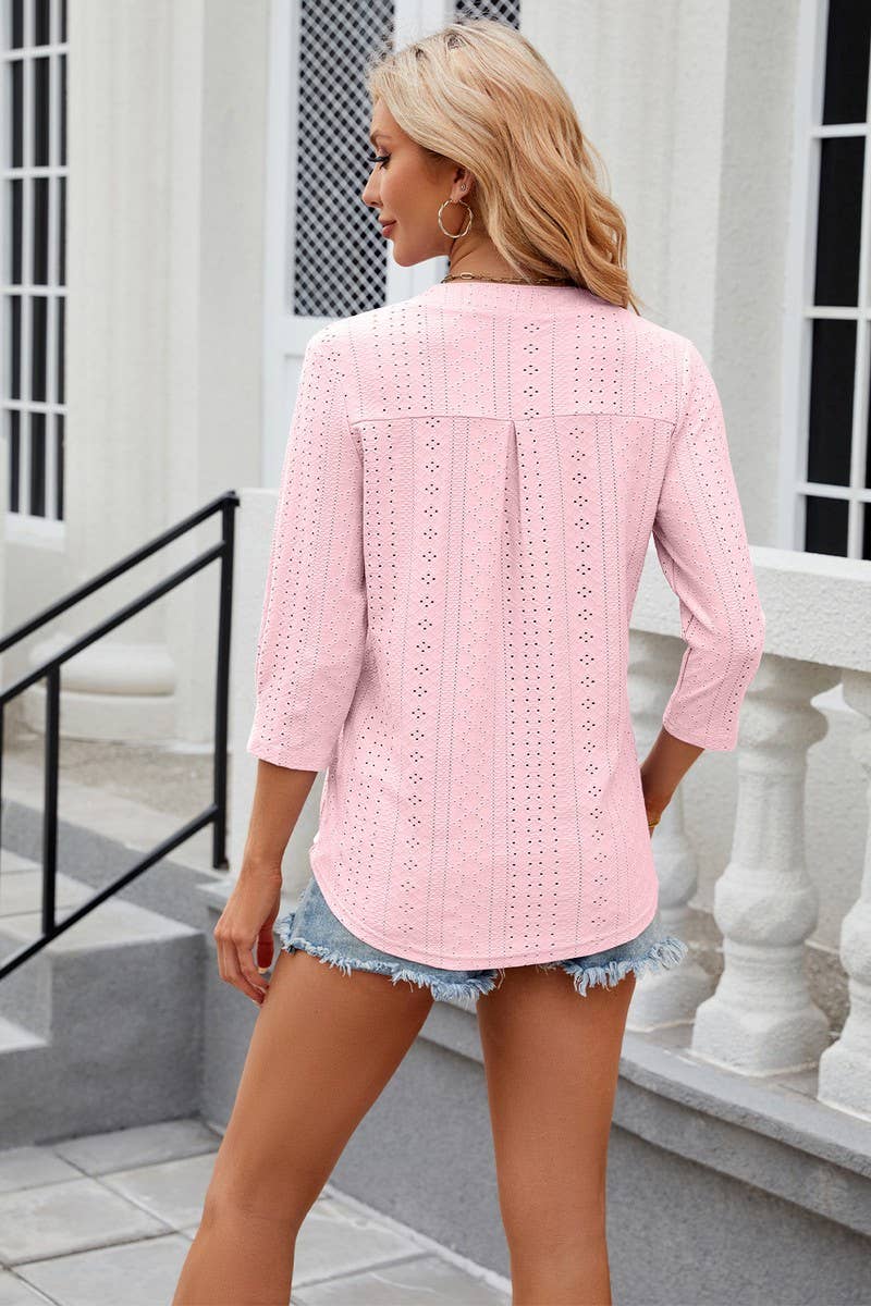 CWTBLL1872_SOLID COLOR V-NECK THREE-QUARTER SLEEVE LOOSE TOP