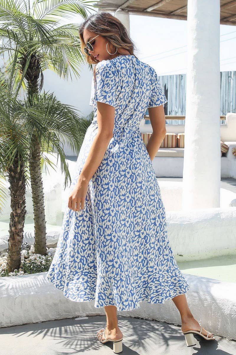 CWDSD2946_V-Neck Short Sleeve With Waist Tie Print Dress