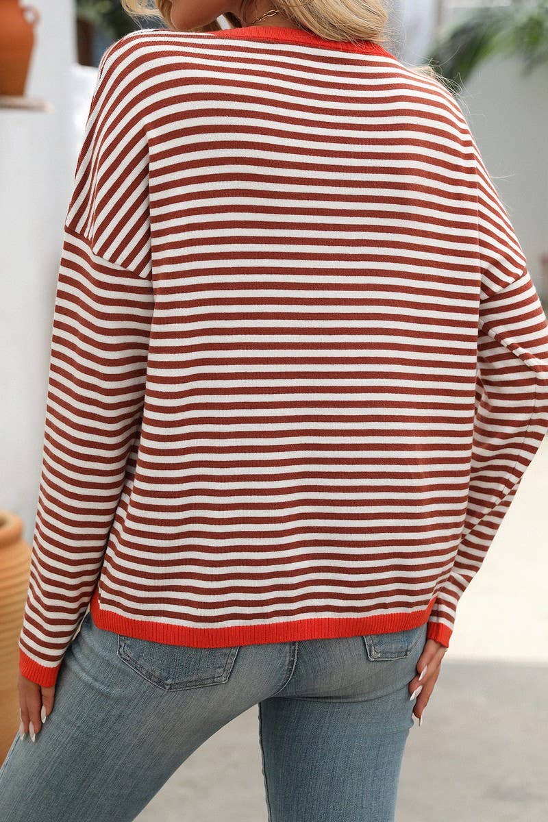 CWOSWL4272_ROUND NECK STRIPED CONTRAST COLOR CASUAL SWEATER