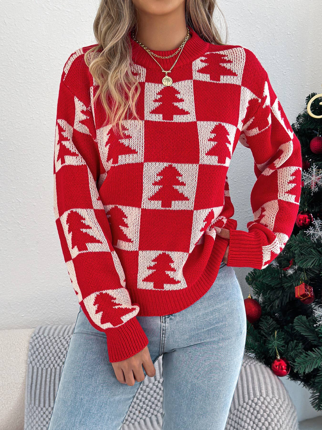 Christmas tree checkered long-sleeved sweater