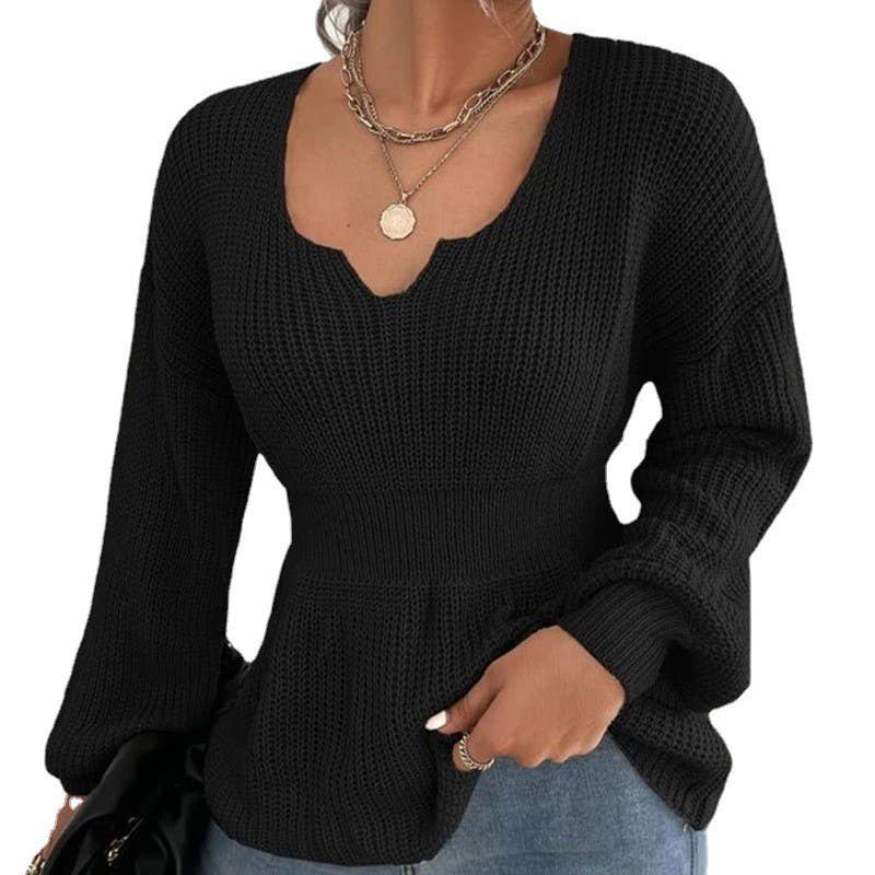 FASHION V-NECK LONG SLEEVE RUFFLED WAIST KNIT