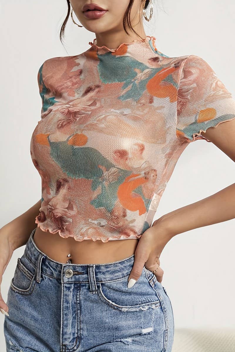 CWTBLS1534_MESH PRINTED RUFFLED SHORT SLEEVE T-SHIRT TOP