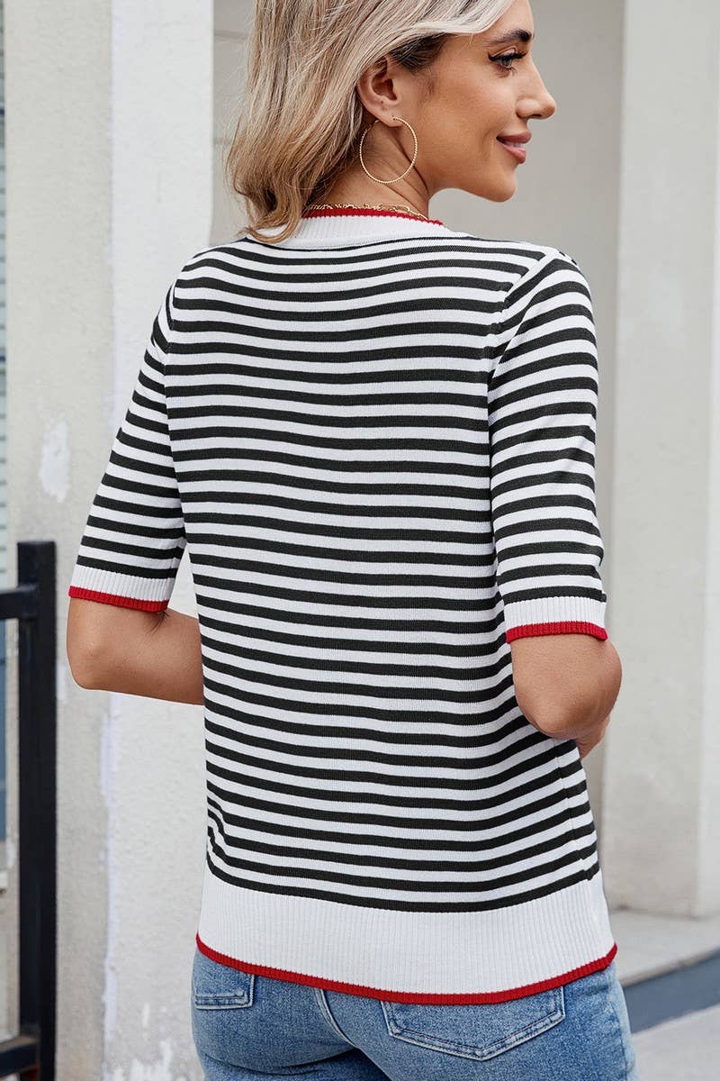 CWTBLS02495_STRIPED KNITTED ICE SILK SHORT-SLEEVED TOP