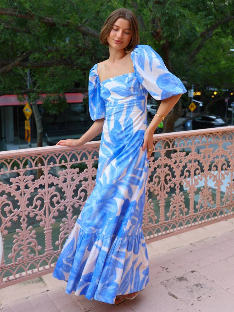 Casual line-neck print lantern sleeve dress