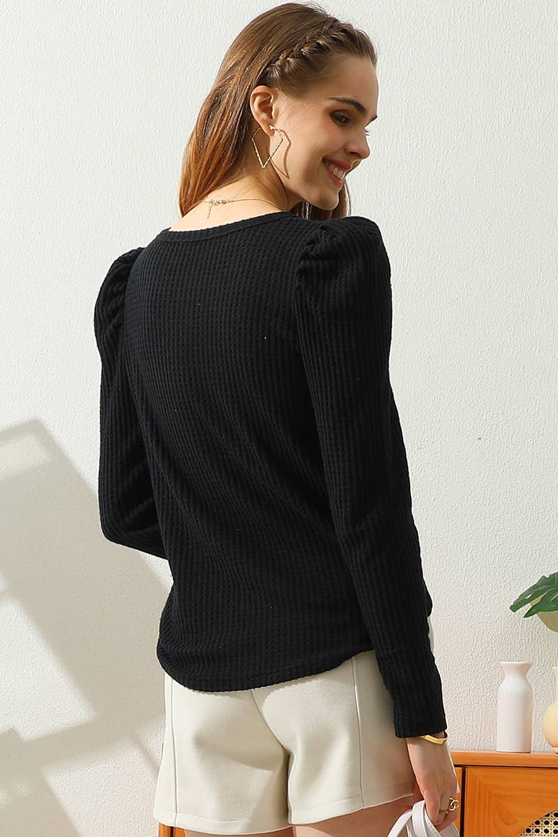 CWTTL913-P_PLUS SIZE PUFF SHIRRING SLEEVE WAFFLE KNIT TOP