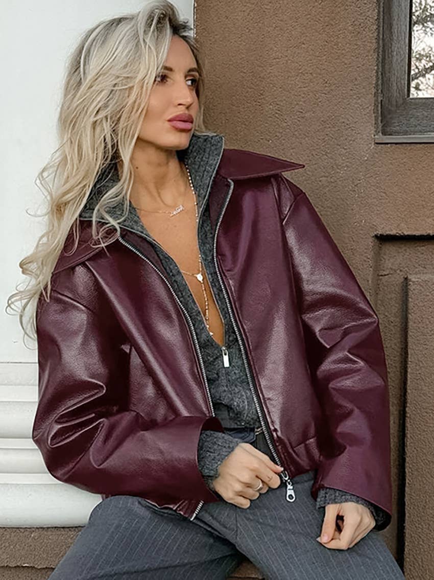 CWOJA1592_ANGORA RED LEATHER BIKER GIRL FASHION JACKET