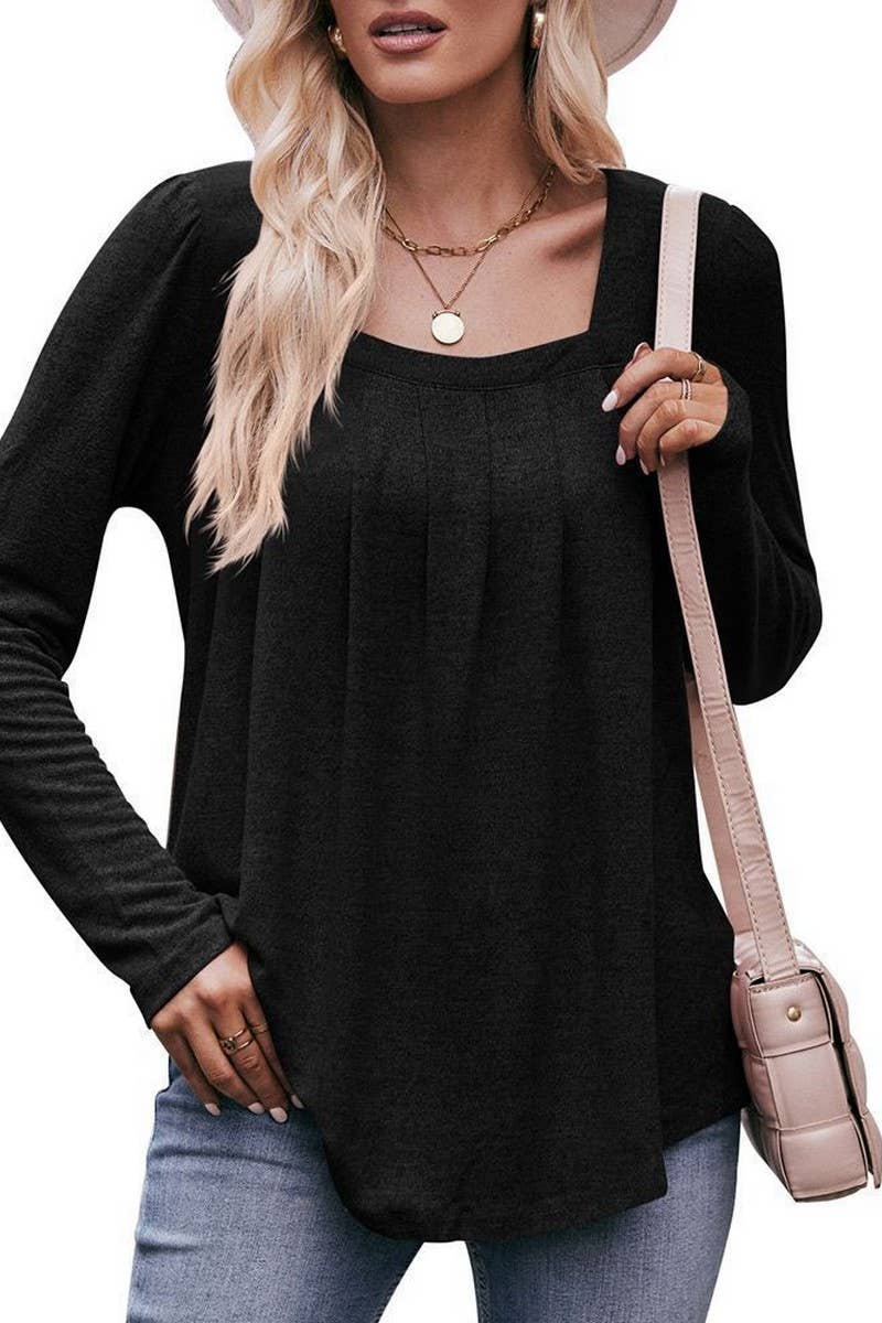 CWTBLL1836_PUFF SLEEVE SQUARE NECK PLEATED LONG SLEEVE TOP