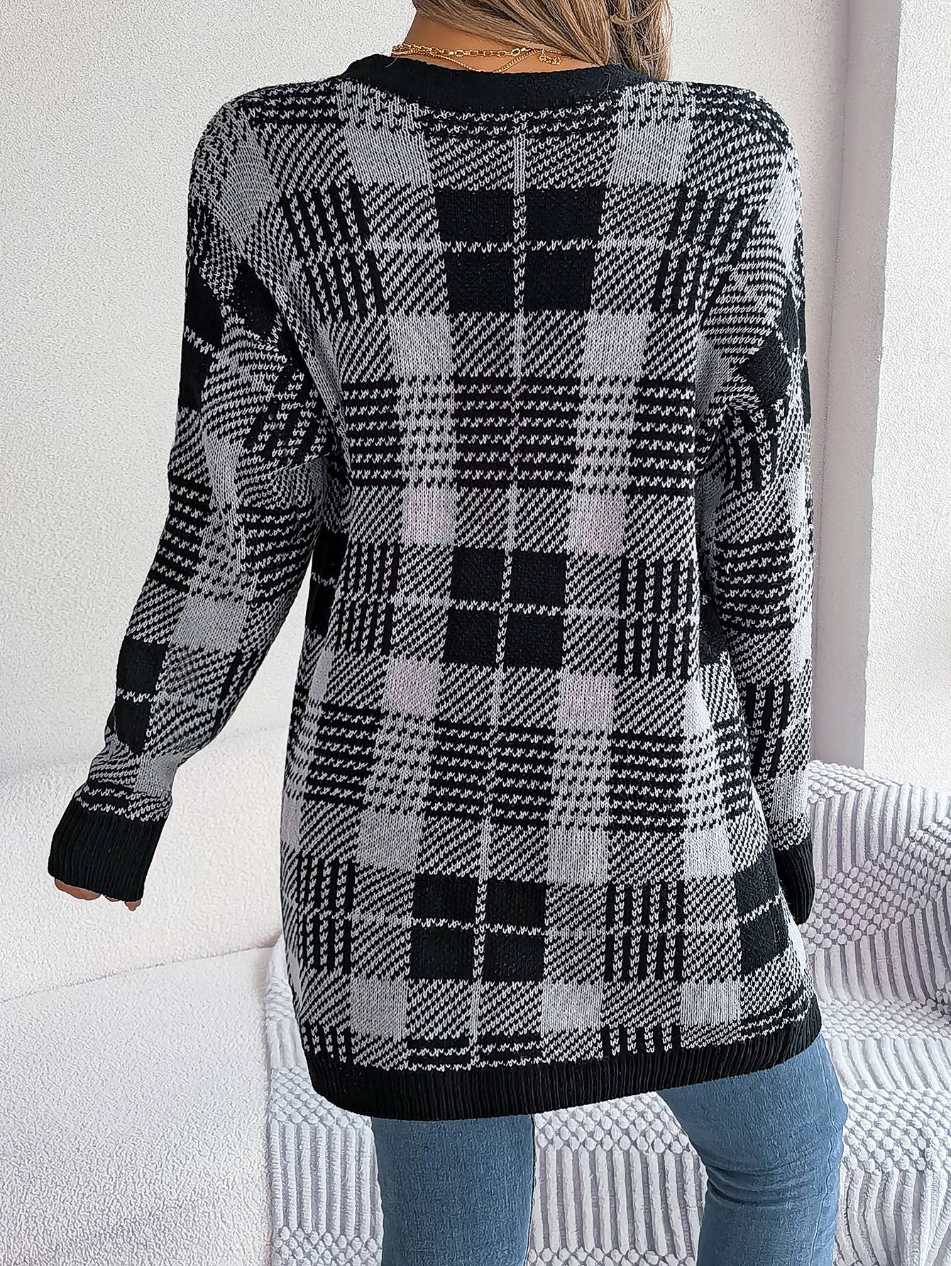 CASUAL COLOR CONTRAST PLAID POCKET CARDIGAN COAT
