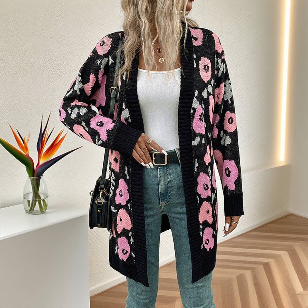 Contrast color flower jacquard long cardigan