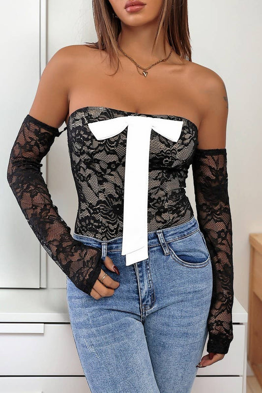 CWSBSSL0066_OFF-SHOULDER BOW LACE CONTRAST BODYSUIT