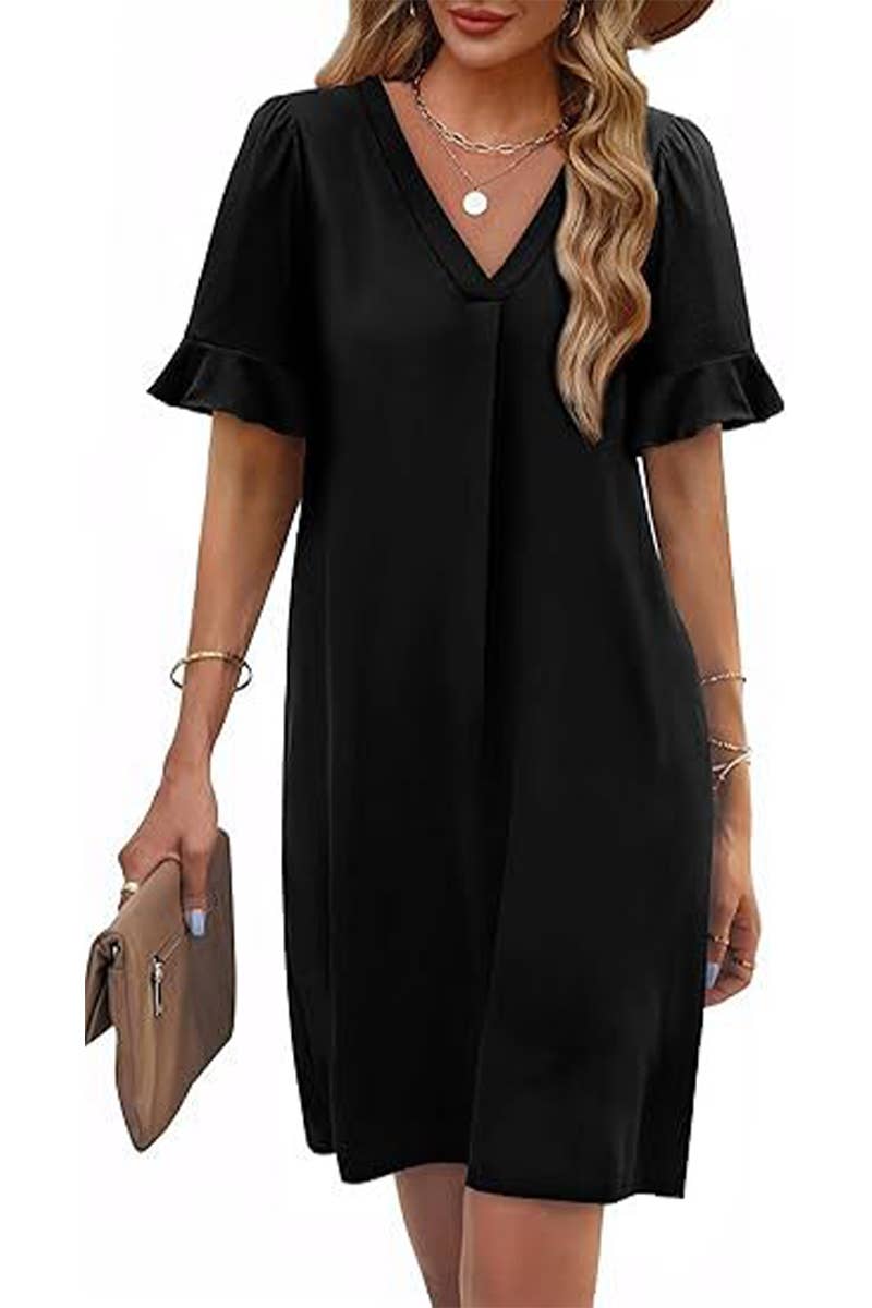 CWDSD8811_V-NECK TRUMPET SLEEVES POCKET SHORT SLEEVE DRESS