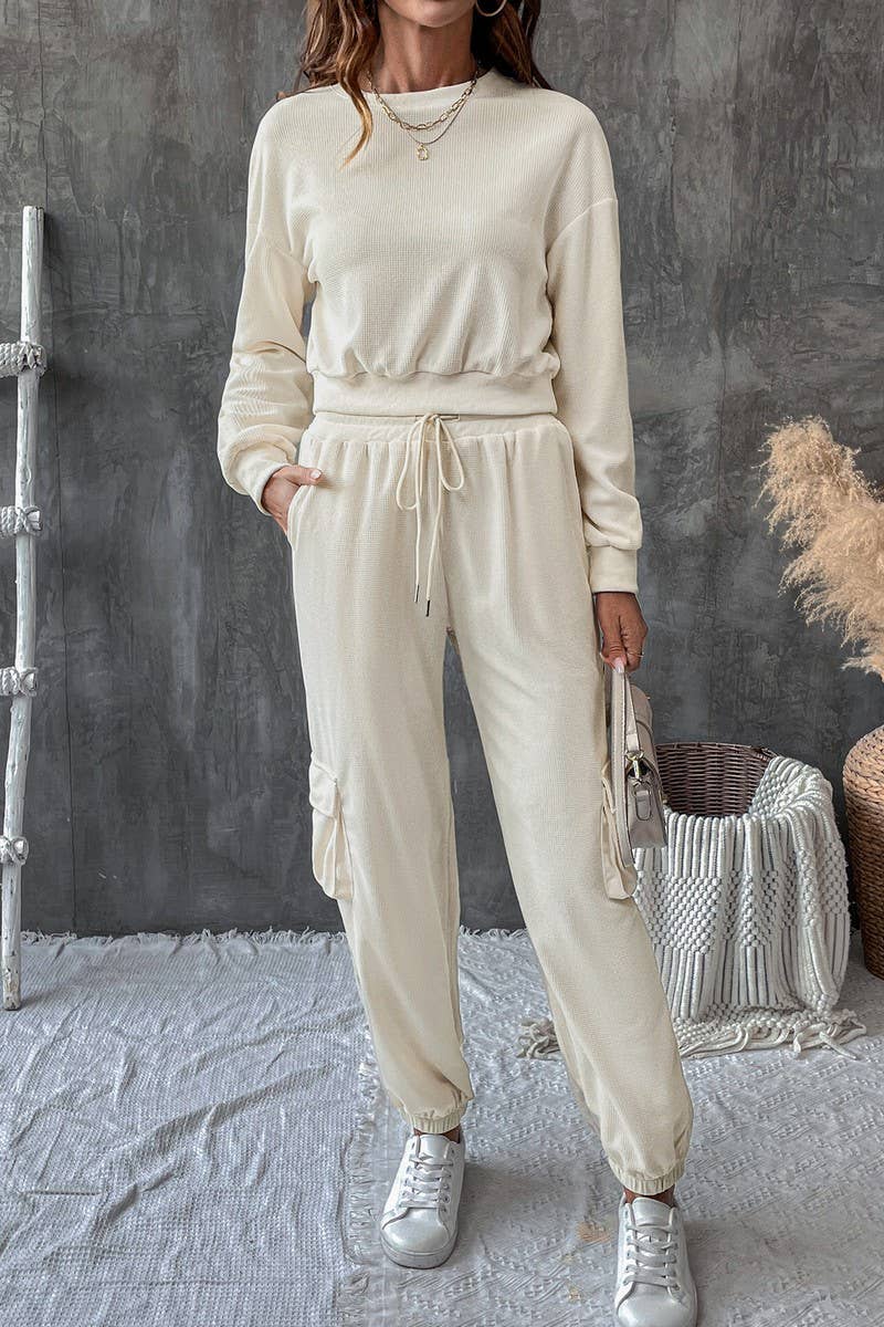 CWSTB1069_SOLID COLOR TEXTURE CASUAL SWEATSHIRT SUIT