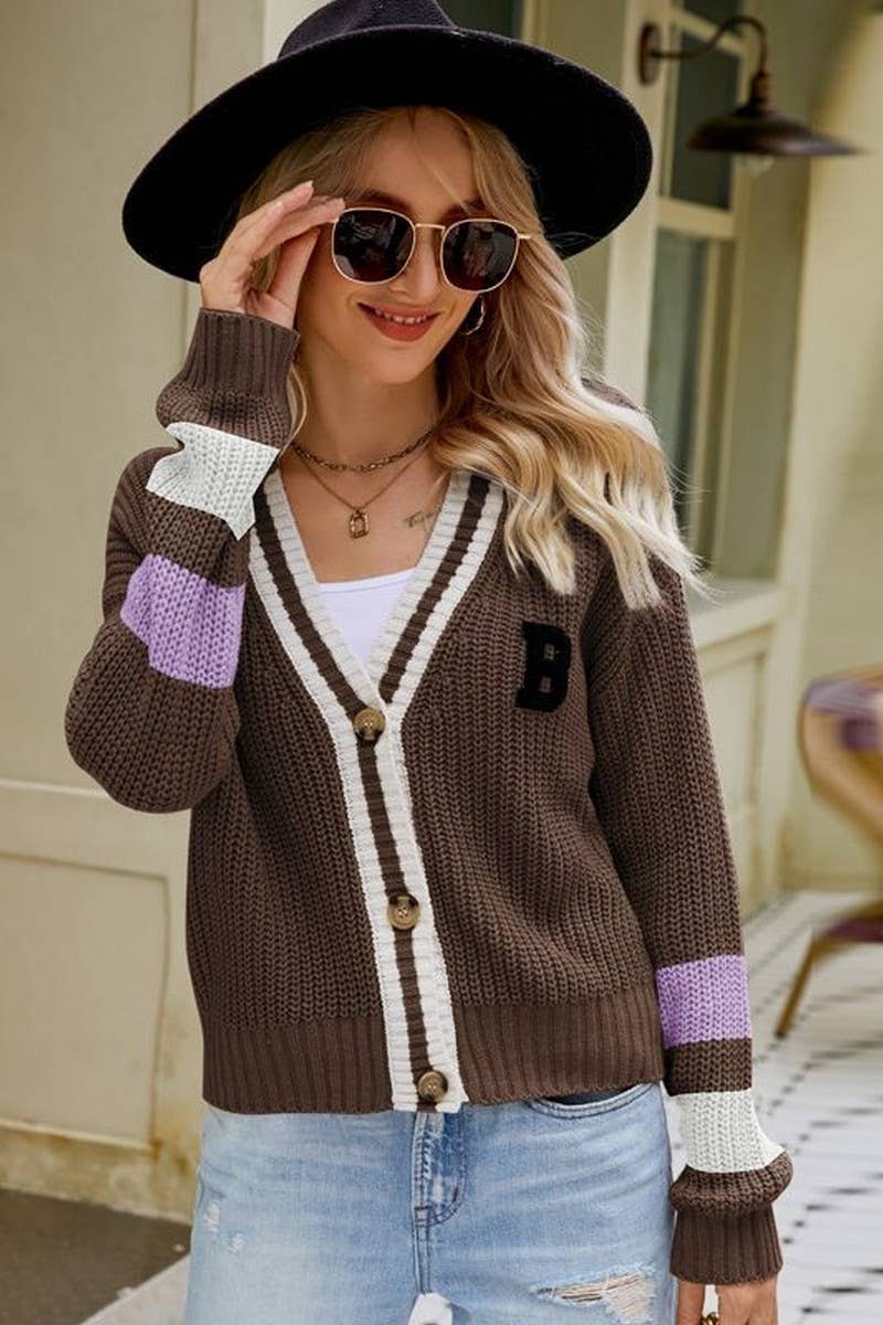 CWOCAL0784_V-NECK LOOSE COLLEGE STYLE KNITTED CARDIGAN