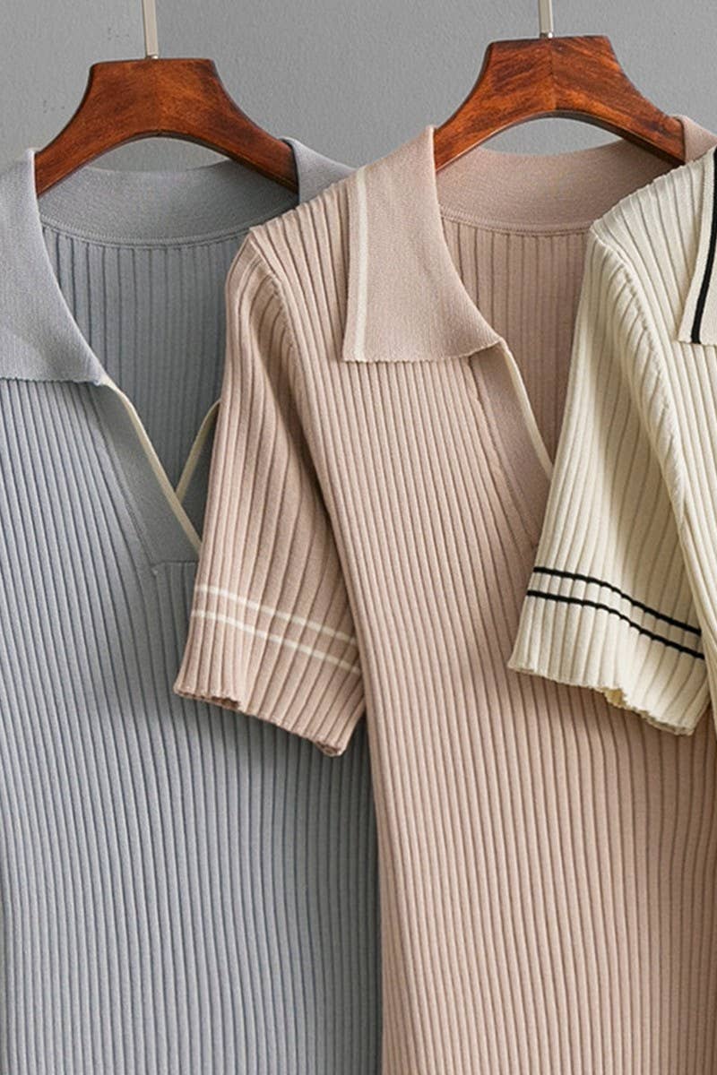 CWDMD01154_SOLID KNIT POLO COLLAR BODYCON MINI DRESS