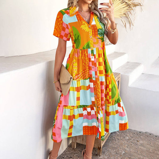 Casual Bohemian high-waiste color contrast dress