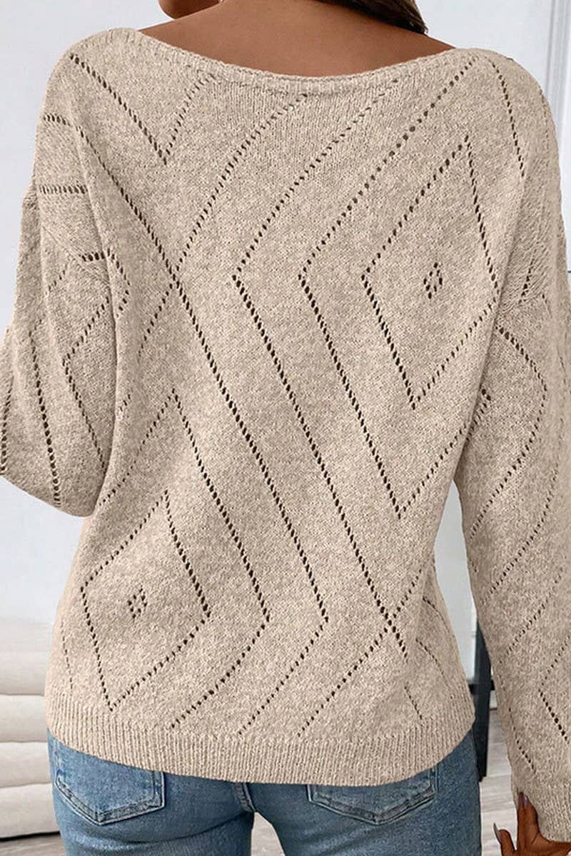 CWOSWL07353_LOOSE HOLLOW OUT DIAMOND KNIT CREWNECK TOP