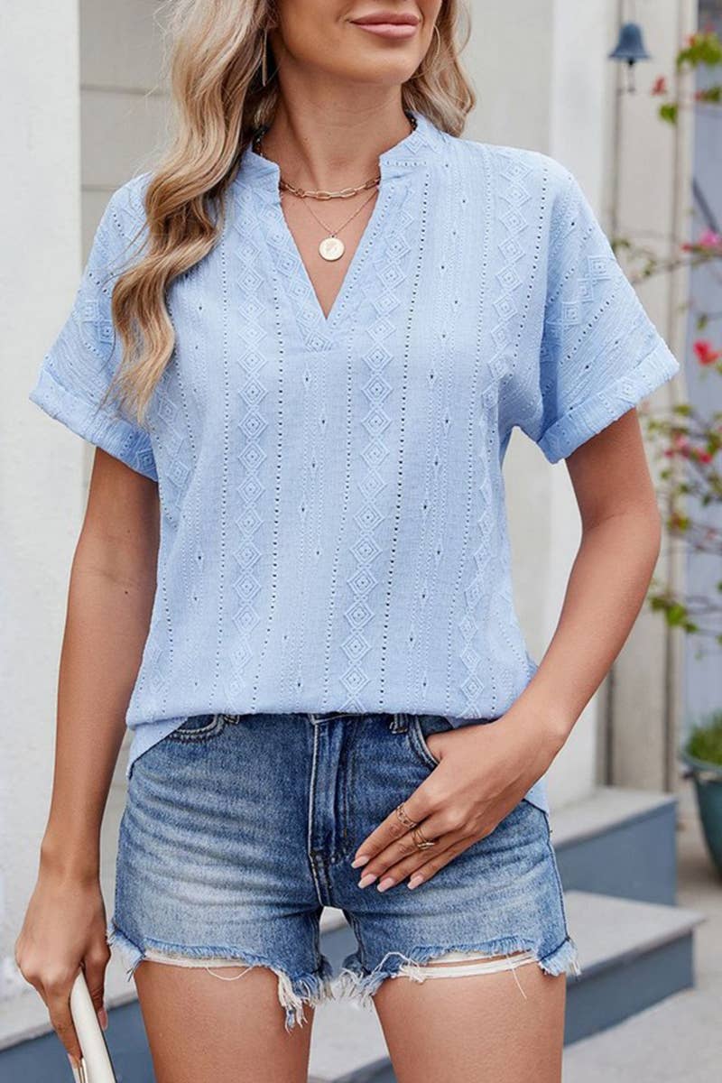 CWTTS1335_SUMMER JACQUARD V-NECK SHORT SLEEVE LOOSE T-SHIRT