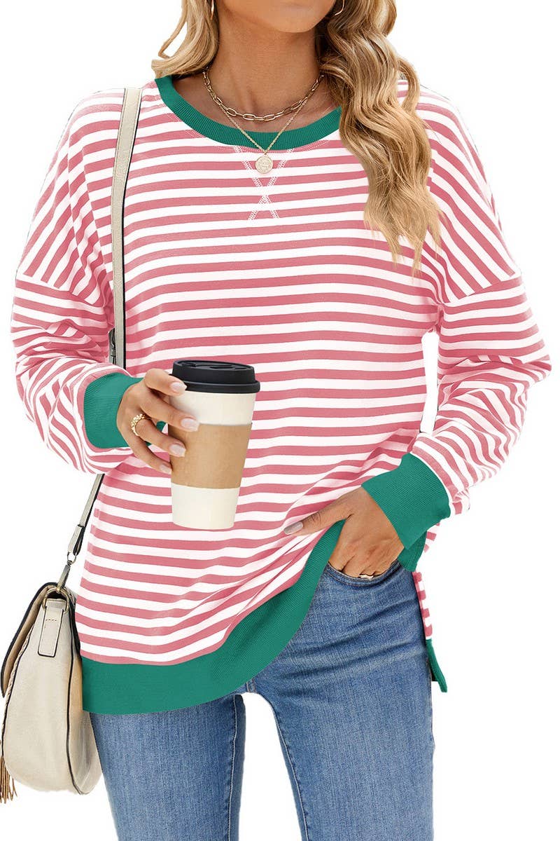CWTBLL1198_CONTRAST COLOR ROUND NECK STRIPED SWEATSHIRT
