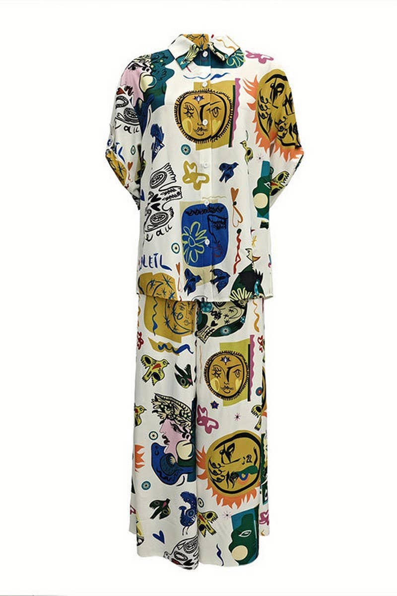 CWSS1133_GRAFFITI PRINT SHIRT WIDE LEG PANTS TWO-PIECE SET