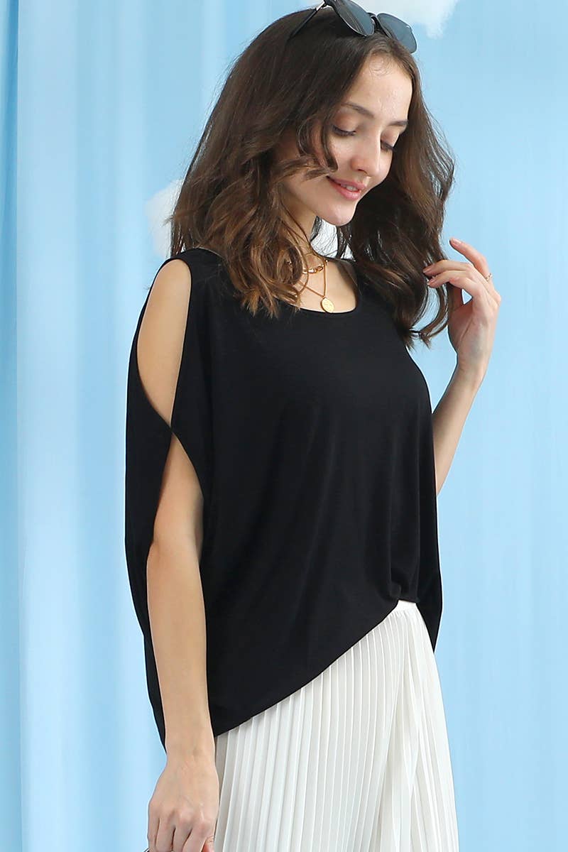 CWTTS685_ROUND NECK OPENED SHOULDER T SHIRT TOP