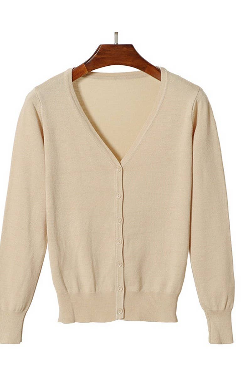 CWOCAL2074_V-NECK SOLID COLOR LONG-SLEEVED KNITTED CARDIGAN