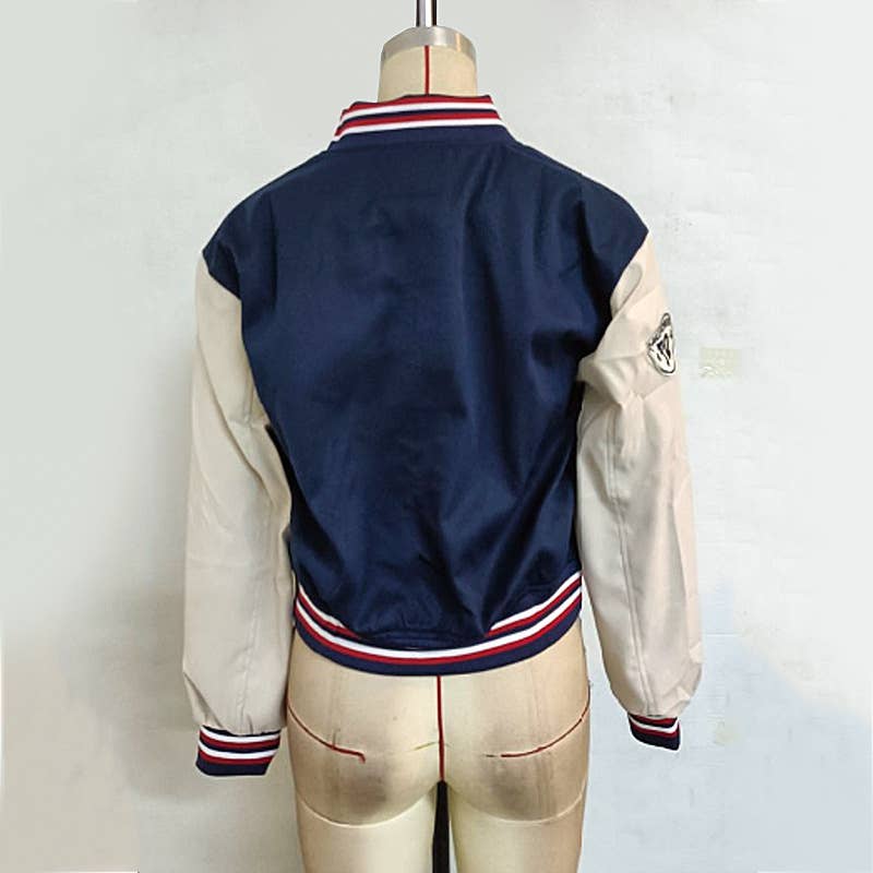COLOR CONTRAST PATCHWORK PRINT BASEBALL JACKET