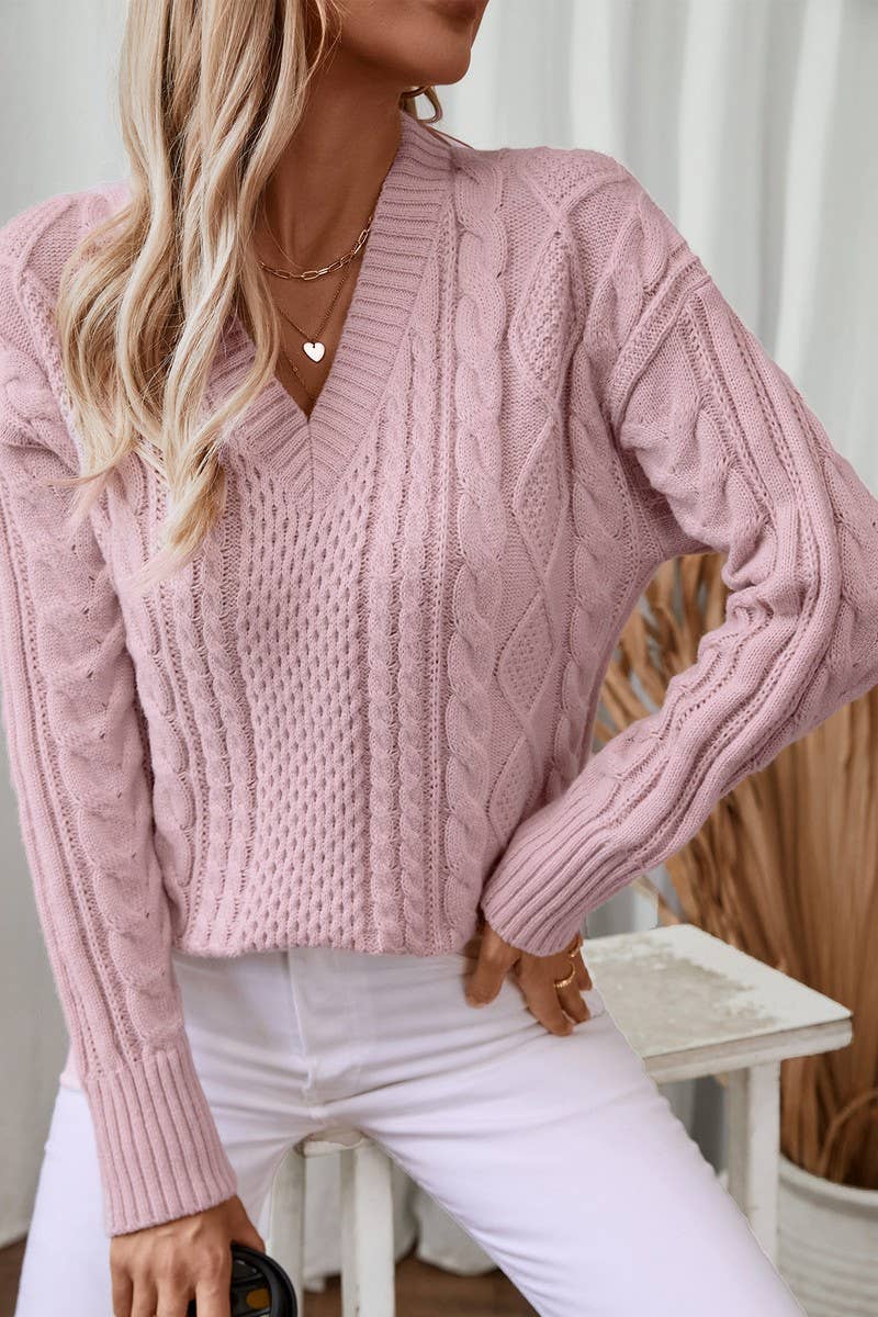 CWOSWL2813_V-NECK CABLE KNITTED PULLOVER CASUAL SWEATER