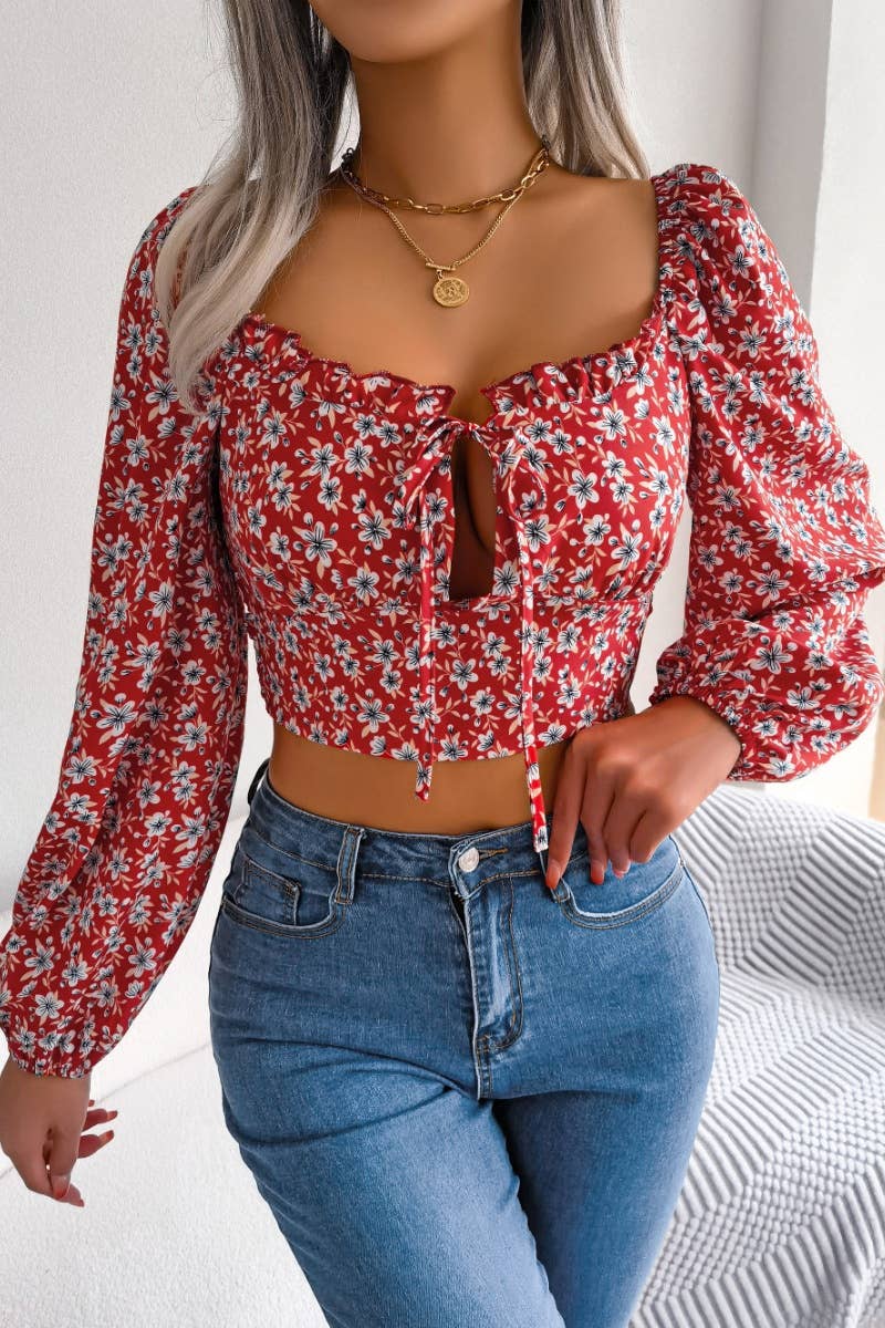 CWTBLL0941_SEXY WOOD EAR LACE CHIFFON FLORAL CROP TOP