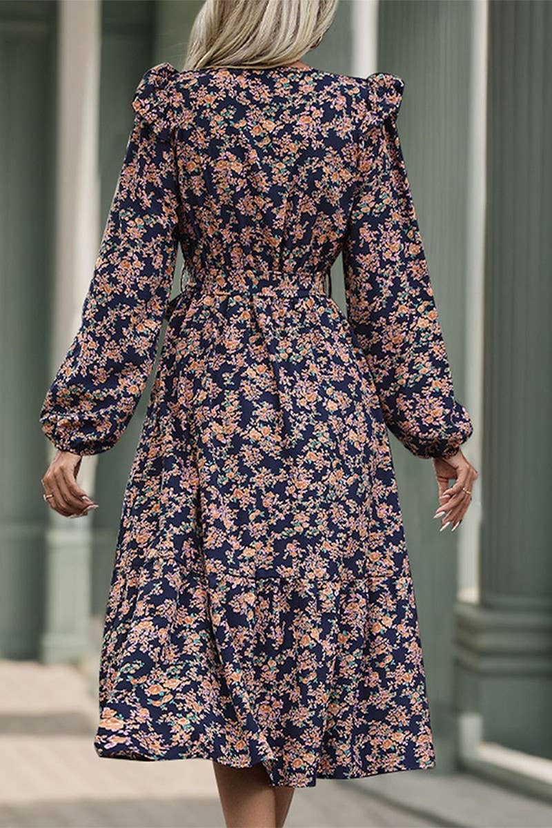 CWDMD4731_AUTUMN RUFFLE LONG SLEEVE PRINTED V-NECK DRESS