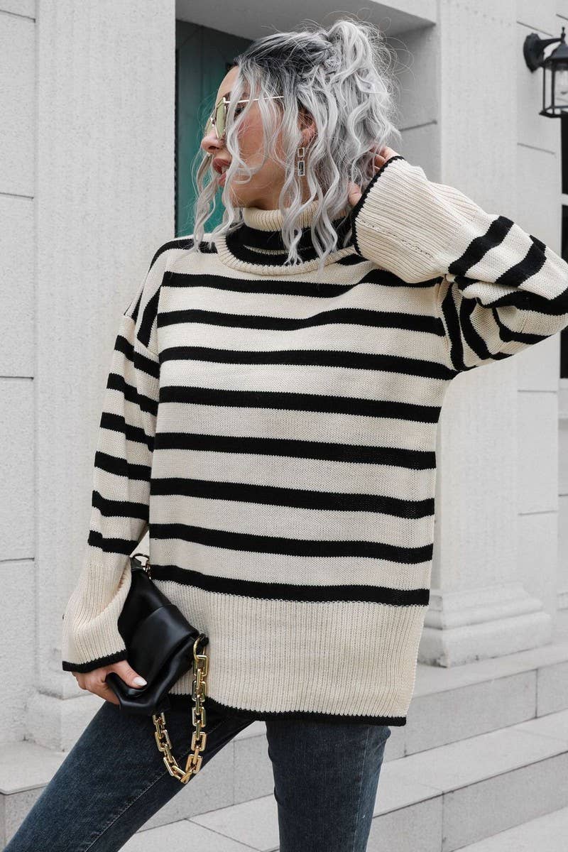 CWOSWL4082_STRIPED SIDE SLIT HIGH COLLAR MID-LENGTH SWEATER