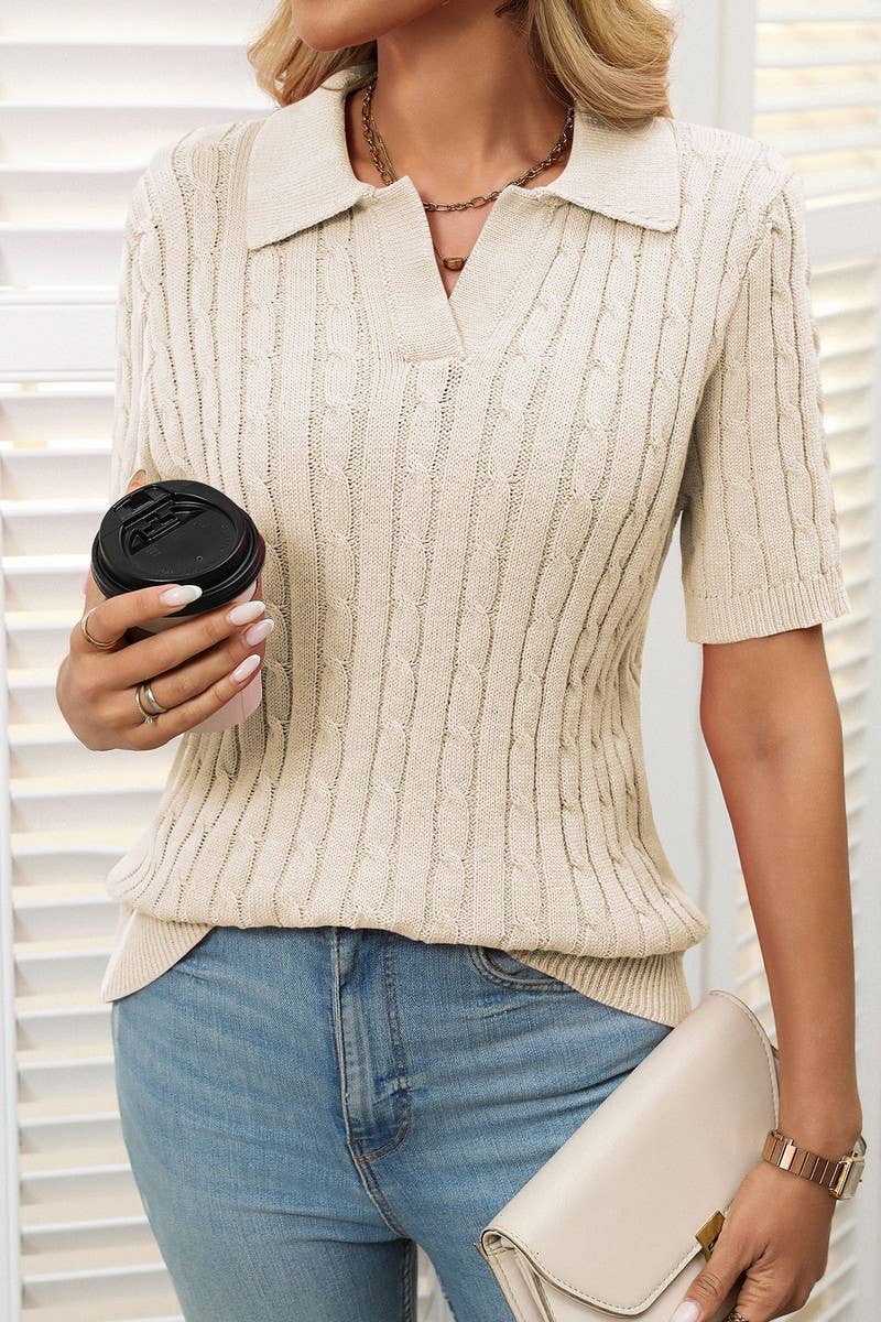 CWOSWS0127_V-NECK LAPEL CABLE-KNIT SHORT-SLEEVED PULLOVER