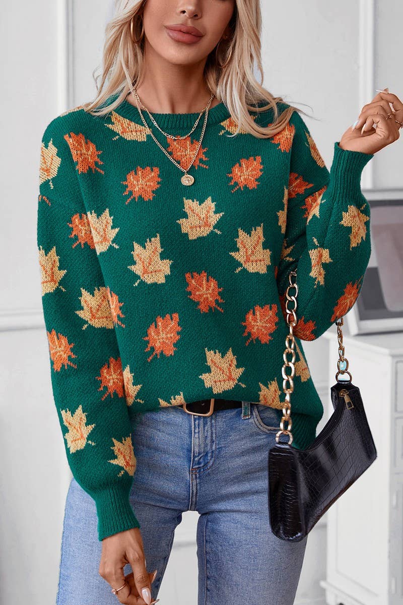 CWOSWL07063_MAPLE LEAF JACQUARD CASUAL PULLOVER SWEATER