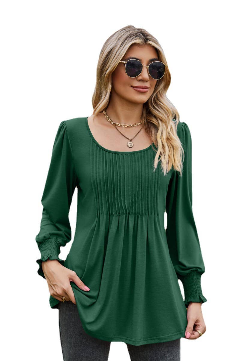 CWTBLL3687_NEW AUTUMN SOLID COLOR ROUND NECK DRAW CUFFS TOP