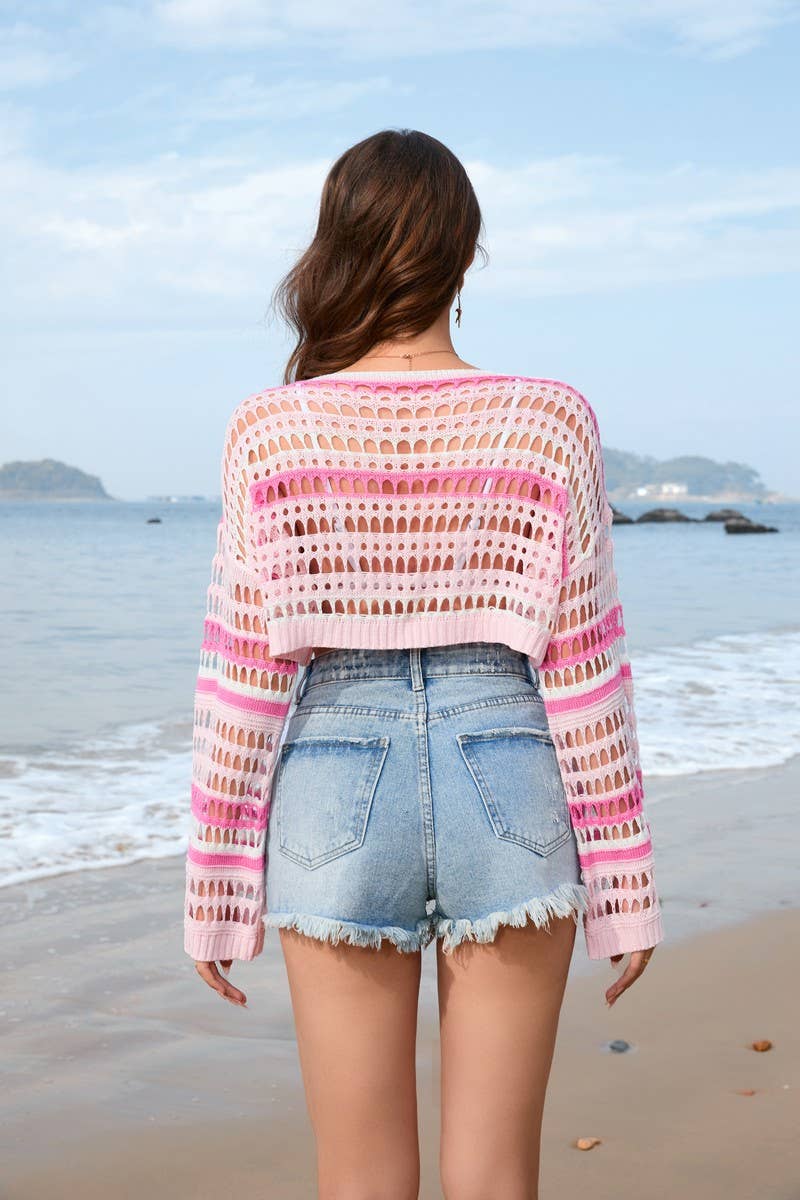 CWTTL1735_Vacation Style Hollow Beach Long Sleeve Knit Top