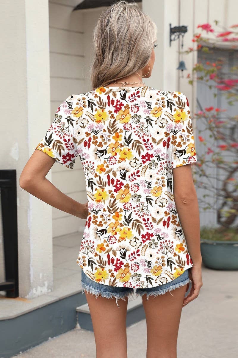 CWTBLS1724_LOOSE CREW NECK PLEATED PRINT SHORT SLEEVE TOP