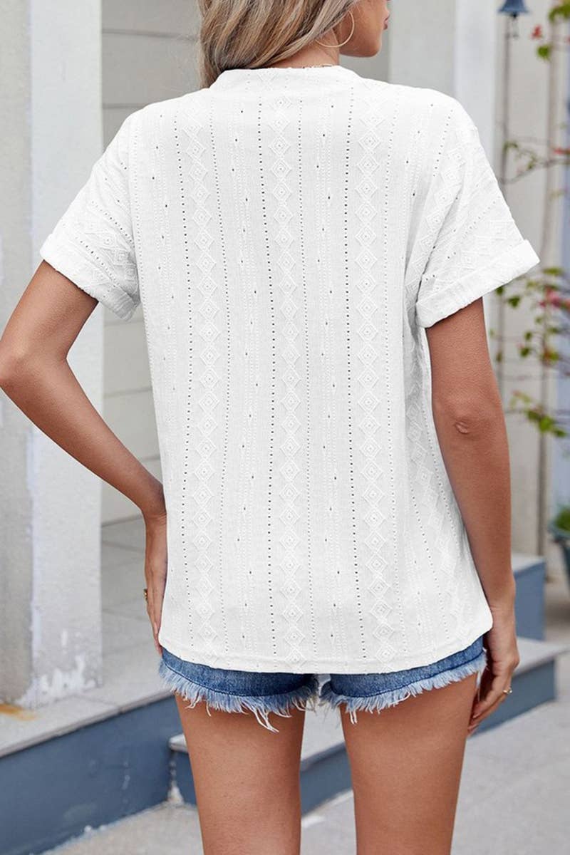 CWTTS1335_SUMMER JACQUARD V-NECK SHORT SLEEVE LOOSE T-SHIRT