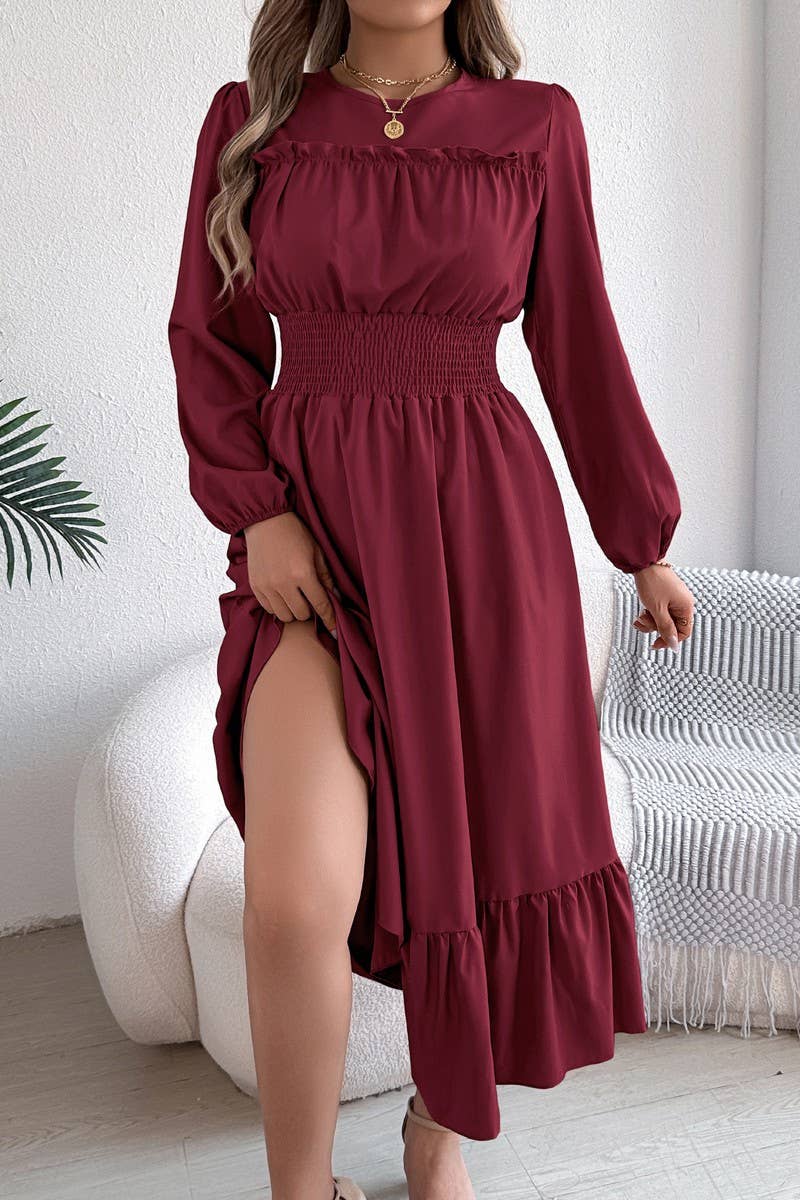 CWDMD6024_SOLID ELEGANT RUFFLE WAIST PLEATED MAXI DRESS