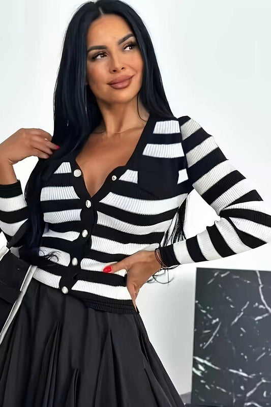 CWOCAL1456_WINTER V-NECK STRIPED LONG-SLEEVED CARDIGAN TOP