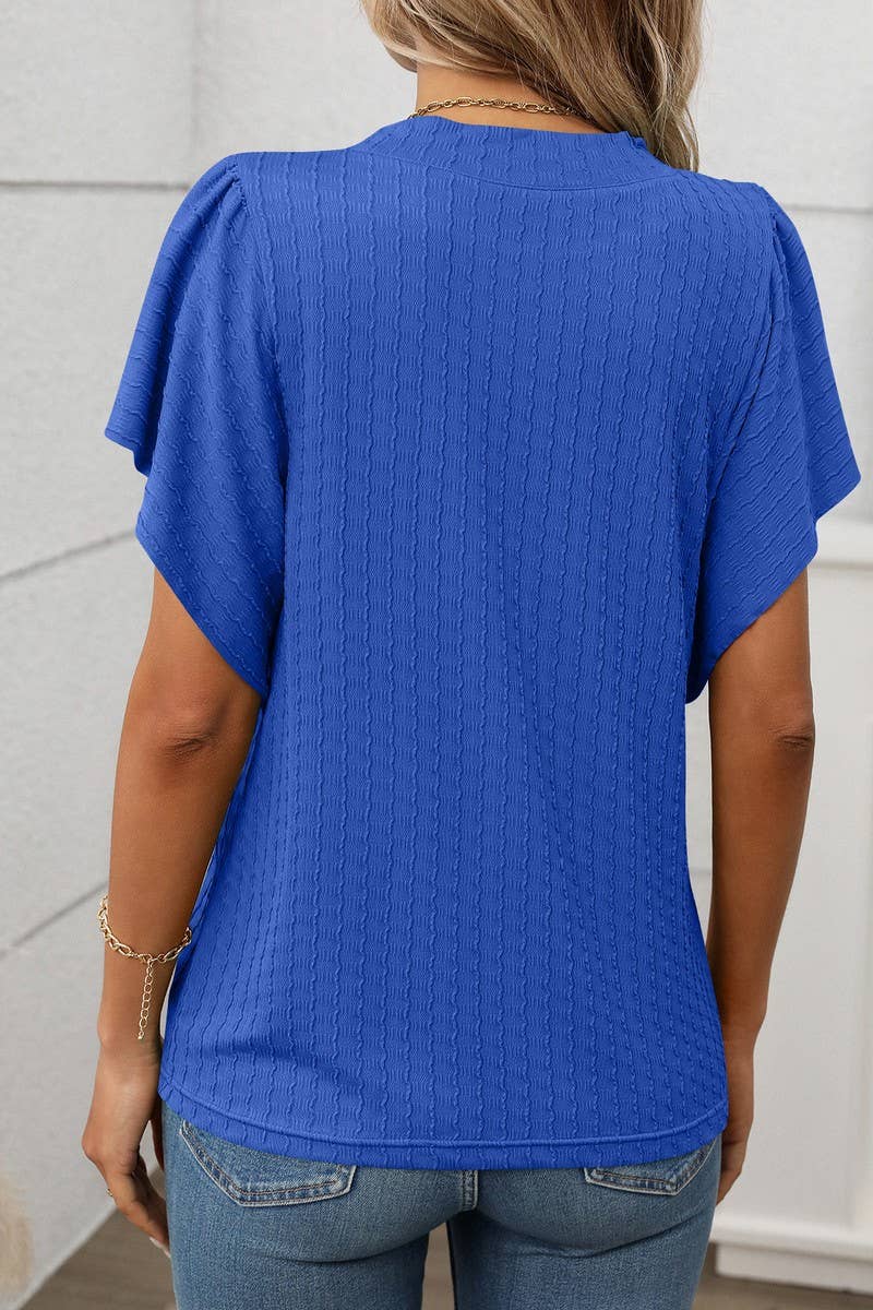 CWTBLS1718_SOLID COLOR ROUND NECK RUFFLE SLEEVE TOP