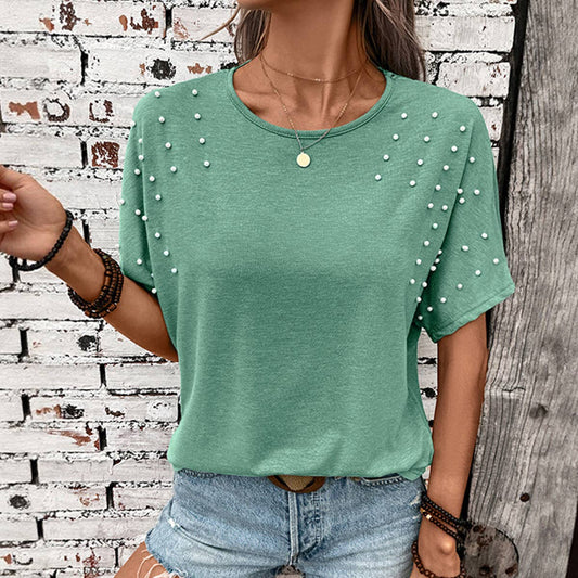 Backless Solid Beaded Round Neck Casual T-Shirt