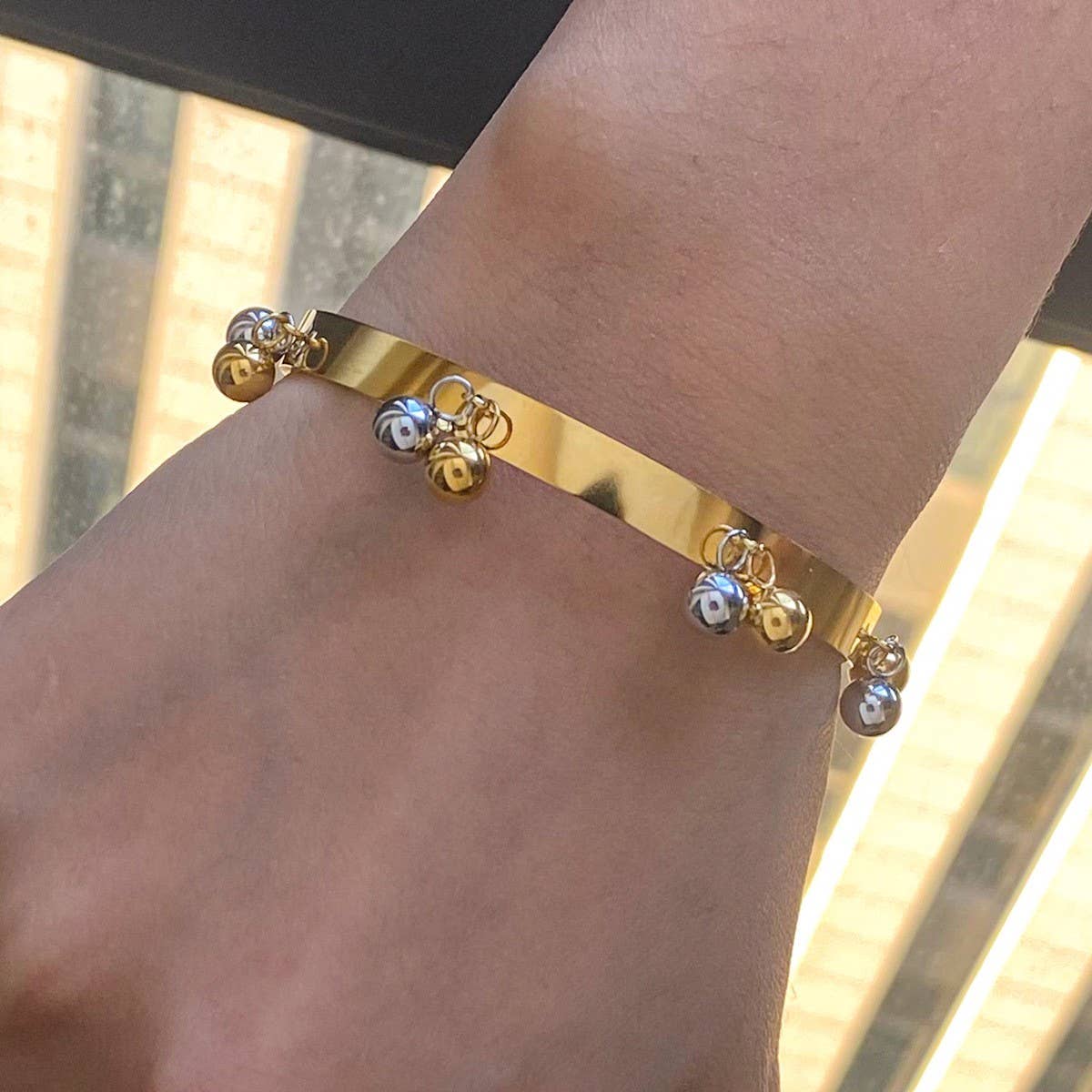 18K Gold Silver Bead Open Bangle, Trendy Style_CWAJE4670